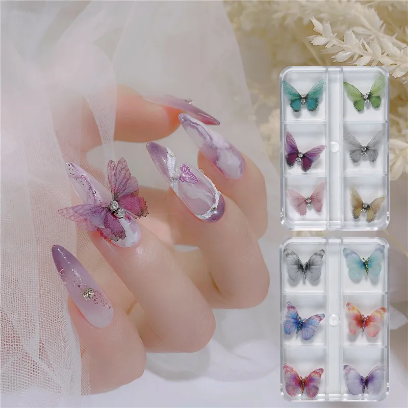 Mesh Schmetterling Press On Nail Art Dekorationen Doppelschicht Bunte 3D Fliegende Schmetterlinge Nagelschmuck DIY Maniküre Zubehör