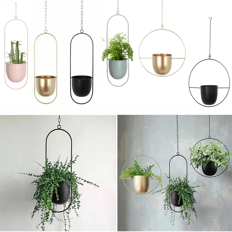 10 Tipo de metal pendurado vaso de flor nórdica vaso de cesta de cadeia para o jardim em casa decoração de varanda 220813