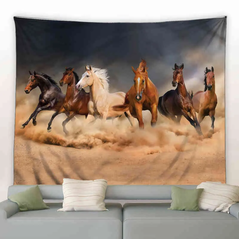 Brown Horses Tapestry Wildlife Desert Running Land Farm Animals Modern Home Living Room Bedroom Decor Wall Hanging Blanket J220804