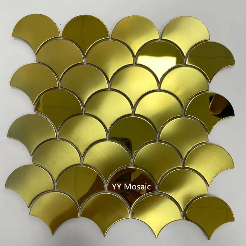 Adesivos de parede Luxo Shell de ouro ventilador em forma de espelho escovado mosaico de metal, 4 opção de cor