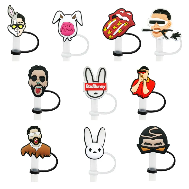 10 Stück/Set Bad Bunny Strohaufsätze, Abdeckformen, Silikonanhänger für Trinkgläser, wiederverwendbar, spritzwassergeschützt, Staubstopfen, dekorativer 8-mm-Strohbecher