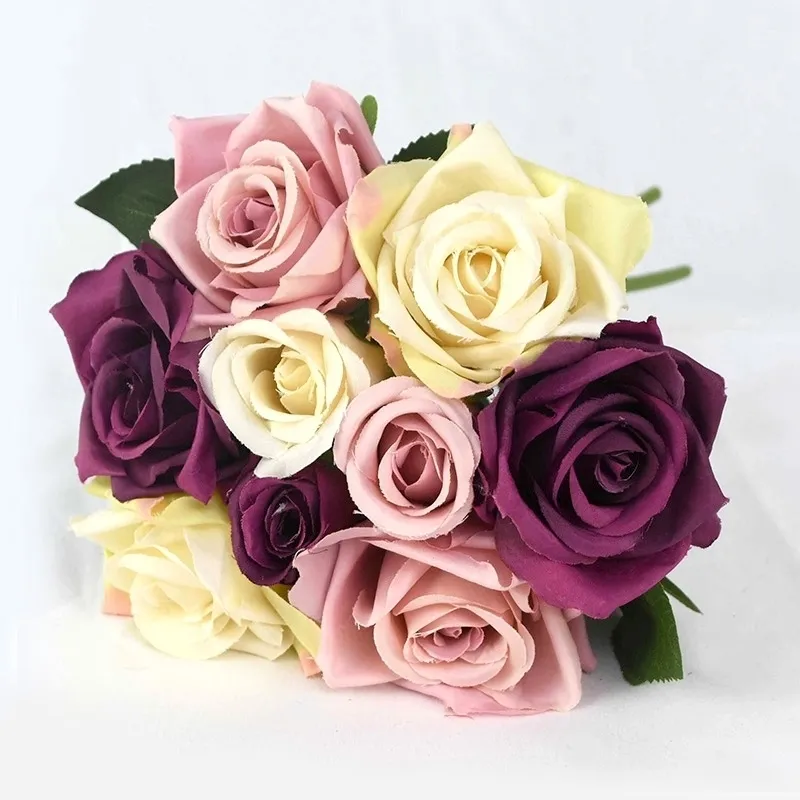 7cm 9heads Silk Rose Artificial Flowers Bouquet Fake Bride Christmas Wedding Home Party Decoration Y201020