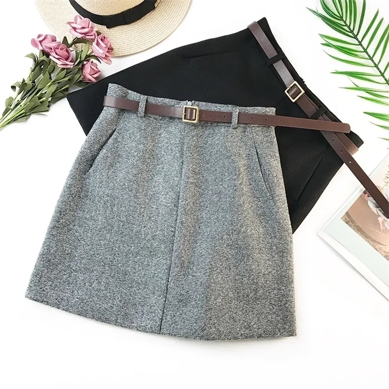 Spring Aankomst Vintage Temperament High Taille Aline Office Skirts Dames met riem wollen mini -rok 210311