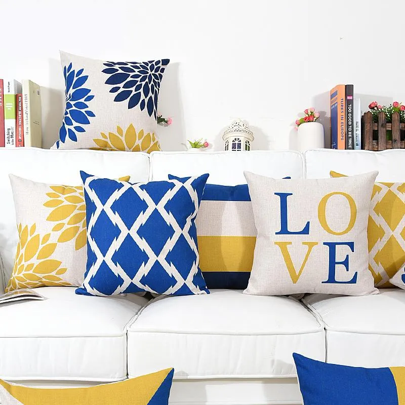 Coussin / oreiller décoratif Style nordique Jaune et bleu Géométrique DÉCORATIVE Soft Throw Case Love Imprimer Coussin Coussin almofadas C