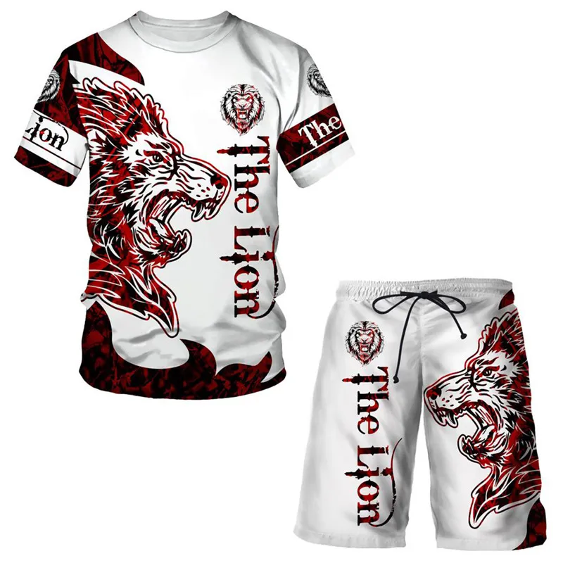 Men's Plus size Tees Sports Suits 2 Piece Set Outfits 3D Print Lion Digital Tiger Short-Sleeved Top Tees Summer Beach Pants 2022 Casual Trendy Swim Trunks