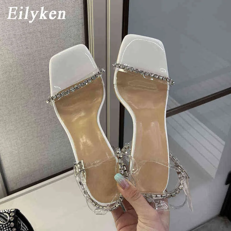 Nxy Sandals Sexy Pvc Transparent Hollow Square Toe Woman Crystal Diamond Women Buckle Strap High Heels Jelly Shoes