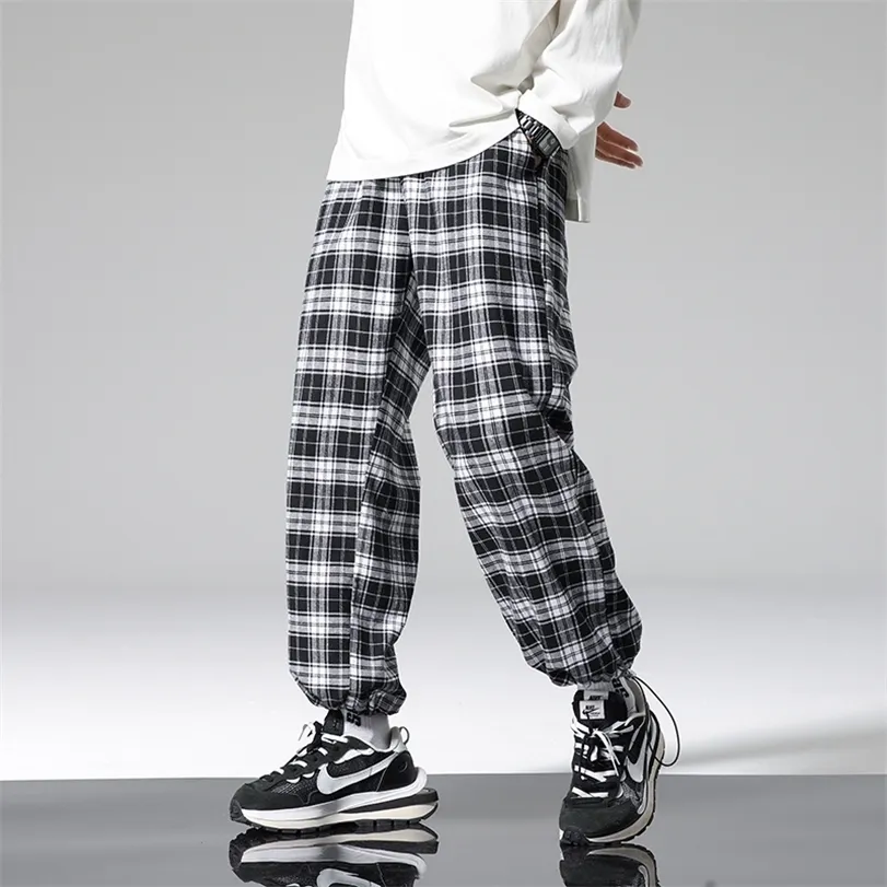 Été Plaid pantalons décontractés hommes lâche Hip Hop pantalon coréen mâle Harem surdimensionné Joggers pour la mode Streetwear 220330