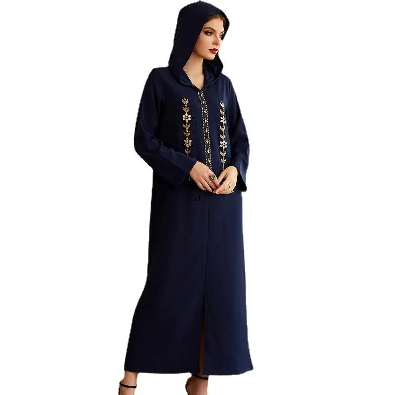 エスニック服eid abayaモロッコのフード付きカフタン女性ハンドセウンラインストーンアラブロングドレス