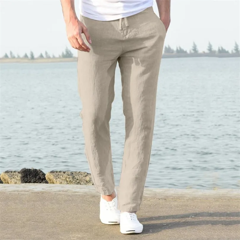 Hommes taille haute Trausers pantalons d'été vêtements nouveauté lin lâche coton bande élastique mince travail Vintage jambes larges pantalon 220622