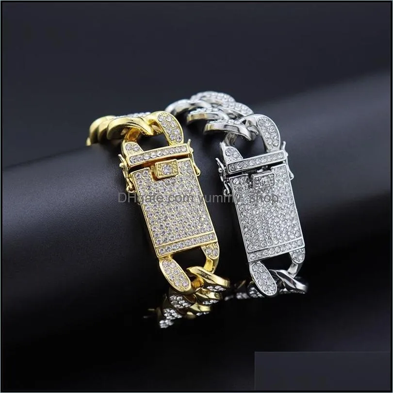 Heavy Cubic Zirconia Miami Men`s Cuban Chain Necklace with Bracelet Necklace Set Gold Silver 20mm Big Choker Hip hop Jewelry 74 K2