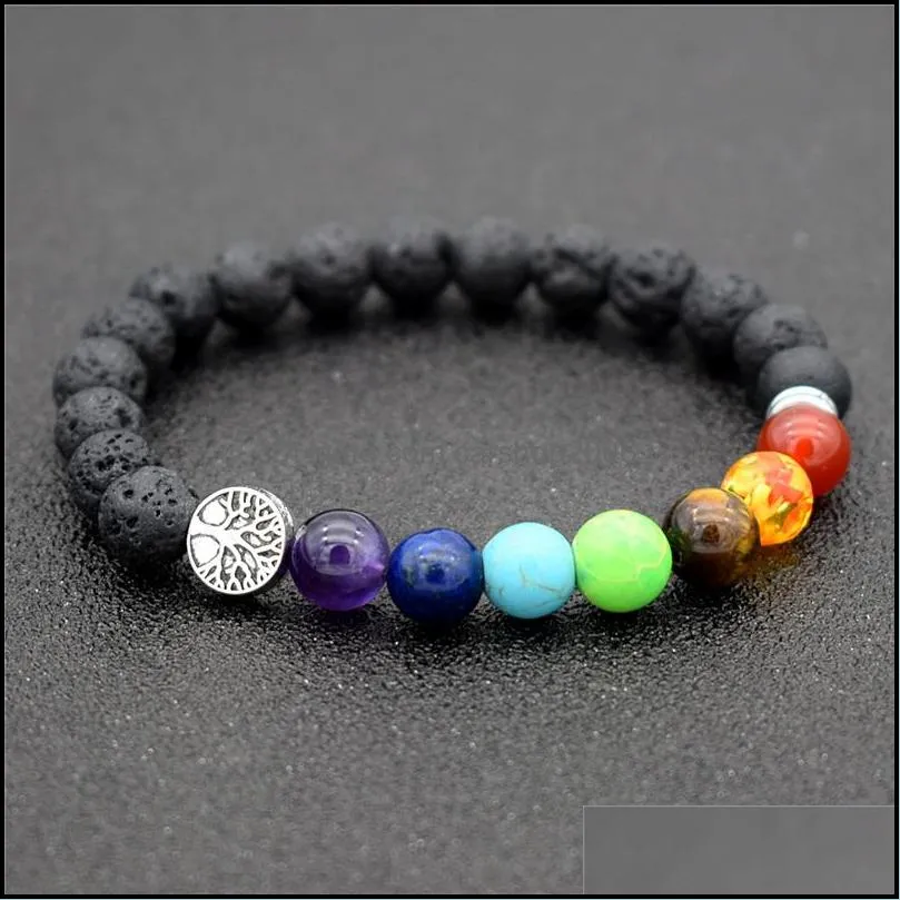 Natural lava Stone 7 Reiki Chakra Healing Balance Beads Tree Of Life Bracelet for Men Women Stretch Yoga Jewelry