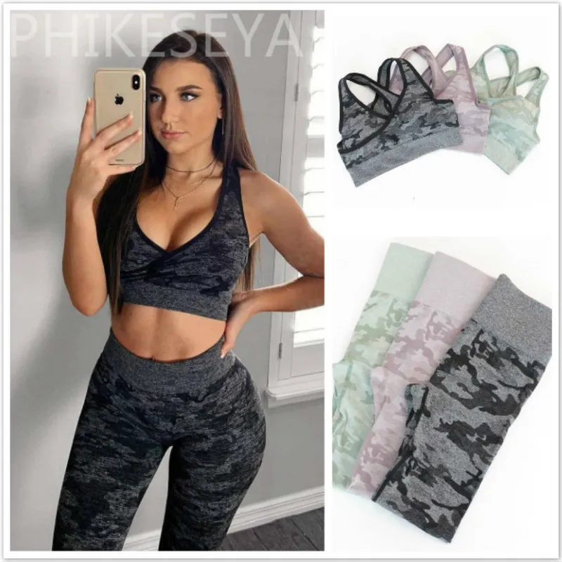 Kvinnor kamouflage camo yoga set sport slitage sömlös gym fitness kläder booty yoga leggings sport bh gym sport kostym femme mx200329