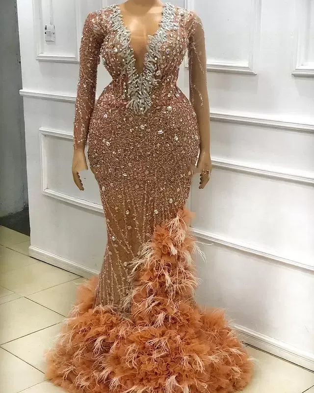 2022 Tallas grandes Árabe Aso Ebi Lujosa sirena Vestidos de fiesta de encaje Cristales con cuentas Pluma Noche Fiesta formal Segunda recepción Vestido