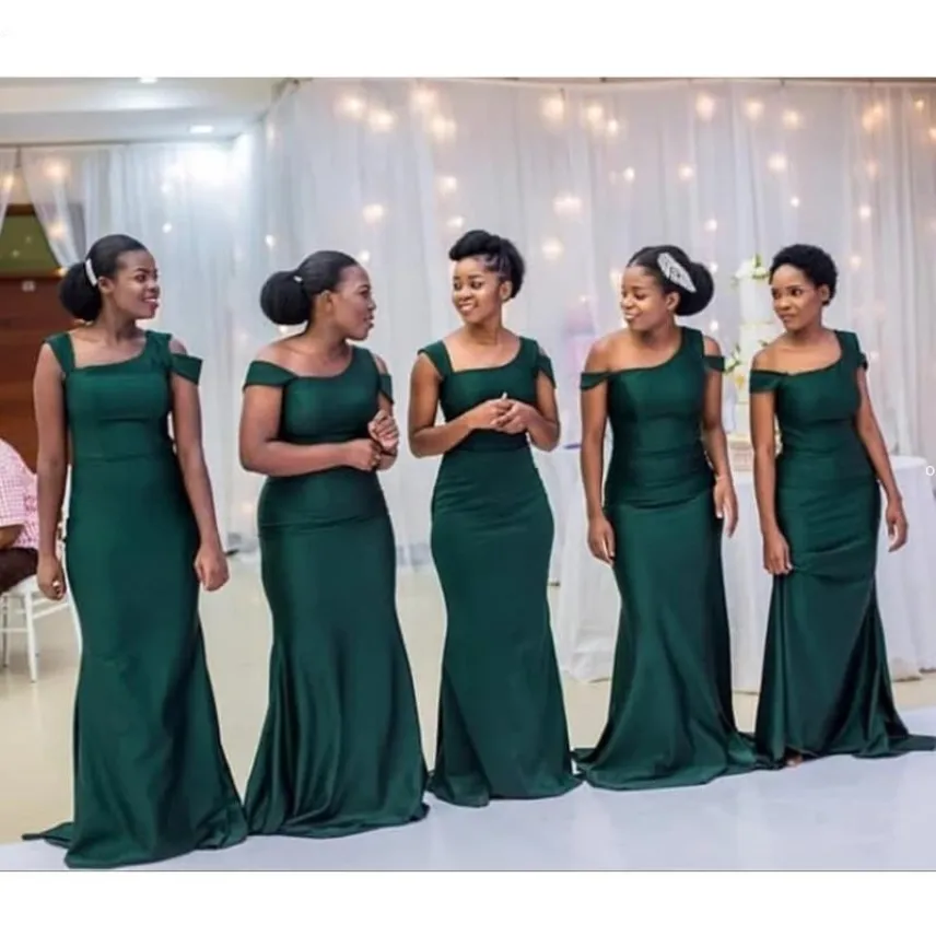 DHL 2022 Emerald Green Mermaid Druhna Dresses z ramion Long Wedding Party African Girl Kobiet Plus Size