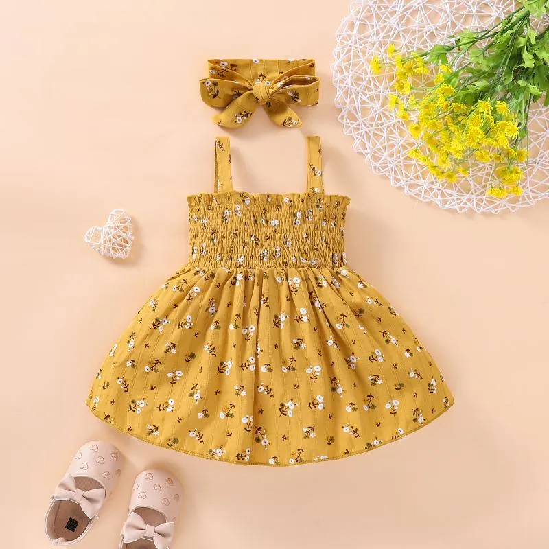Girl's jurken zomer babymeisjes zoete suspender bloemen bedrukte jurk riem mouwloze hoofdband mode baby jurkirl's