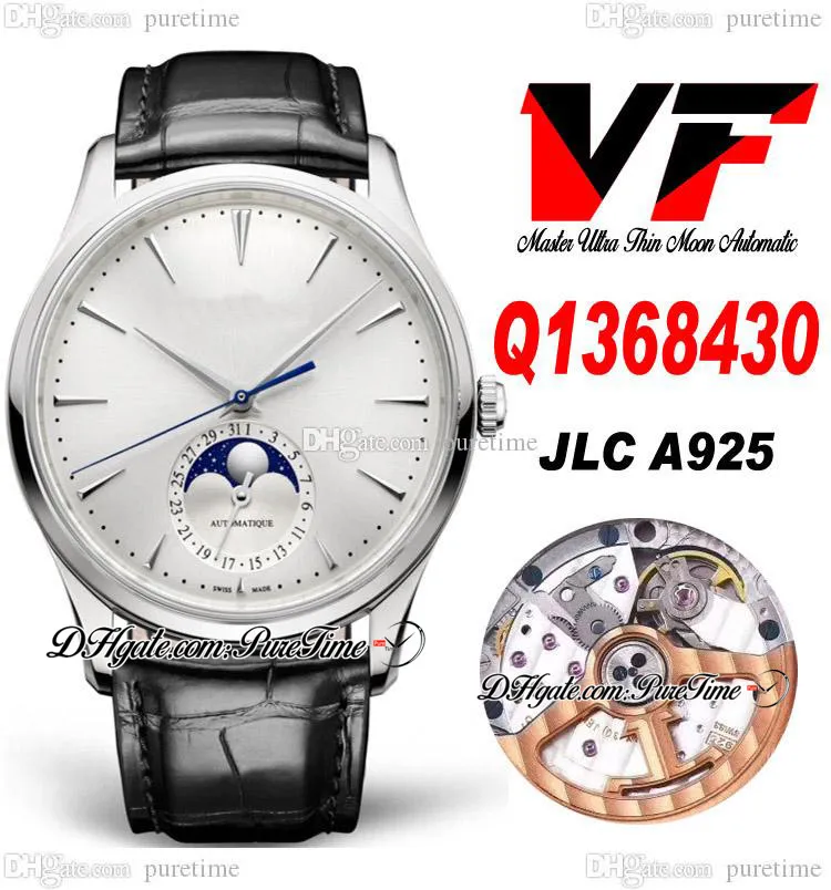 VF V3 Master Ultra Thin Moon Q1368430 JLC A925 Автоматические мужские часы со стальным корпусом Белый циферблат Серебряные стержни Маркеры Кожаный ремешок Правильная фаза Луны Super Edition Puretime