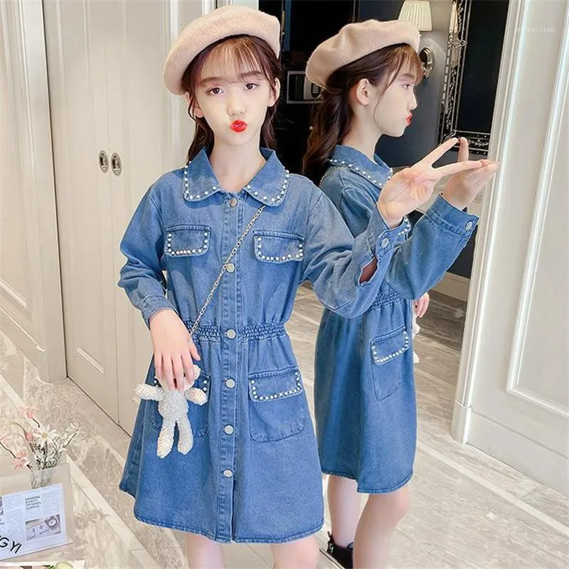 Robes de fille filles automne vêtements pour enfants pour 5-14 ans robe en jean à manches longues d'enfants vestes de mode