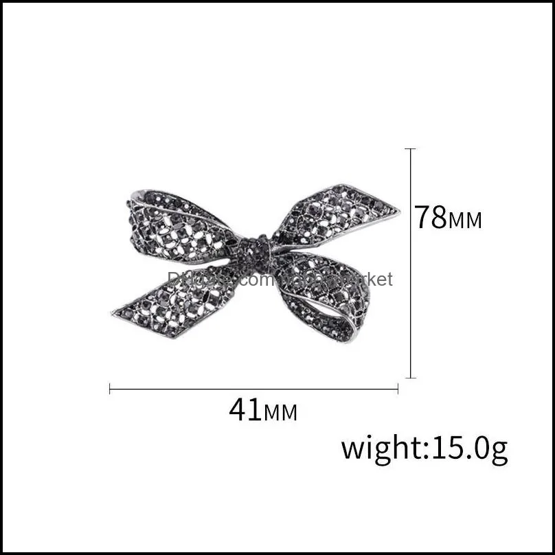 Pins, Brooches 2021 Vintage Gift Gun Black Rhinestone Bowknot For Women Clothing Large Brooch Pin Fashion Elegant Jewelry