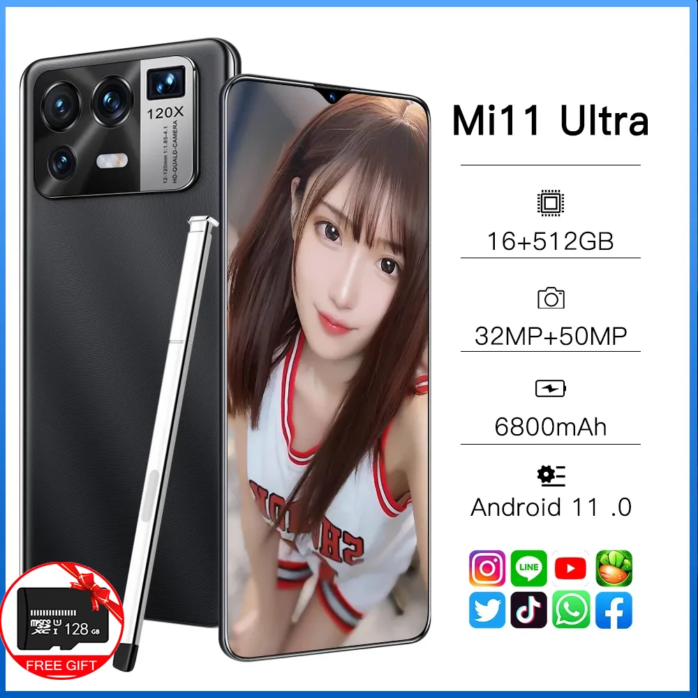 Versione globale MI11 Ultra 6,7 ​​pollici Android Smartphone HD Phone + Screen a goccia d'acqua 6500mAh 16G + 512G Supporto per smartphone 4G / 5GFree