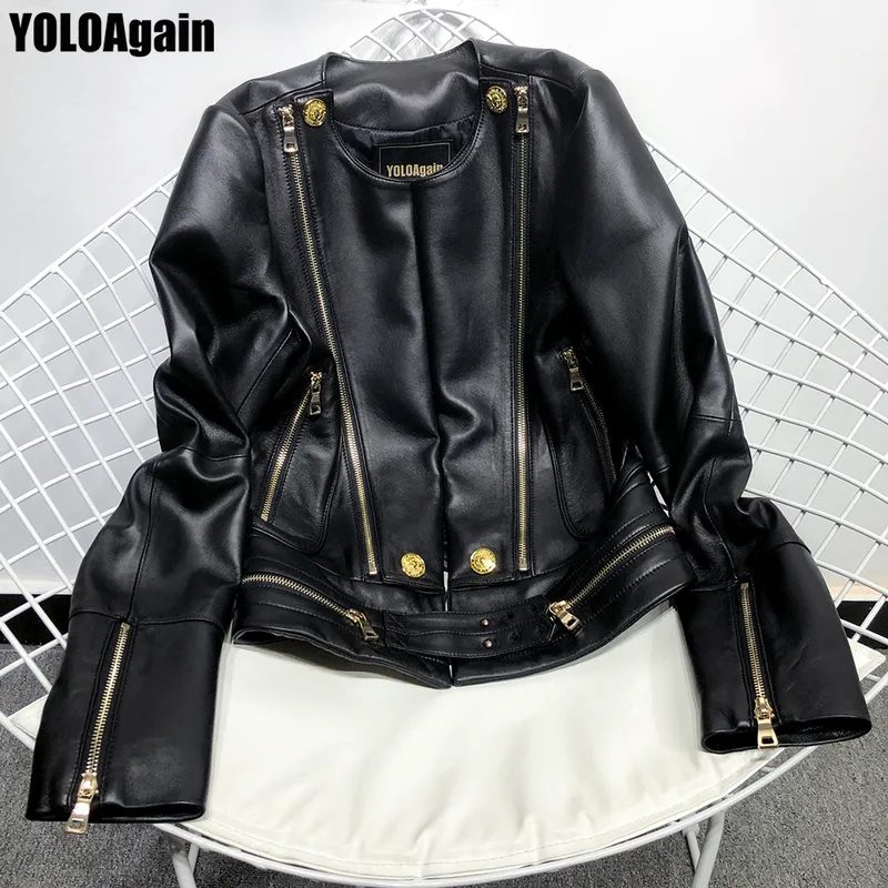 YOLOAgain Women genuine leather jacket ladies black real leather jacket 201030