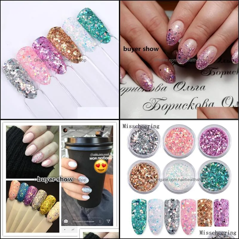 6boxes/set laser mixed nail glitter powder sequins shinning colorful flakes 3d diy charm dust for nail art decorations