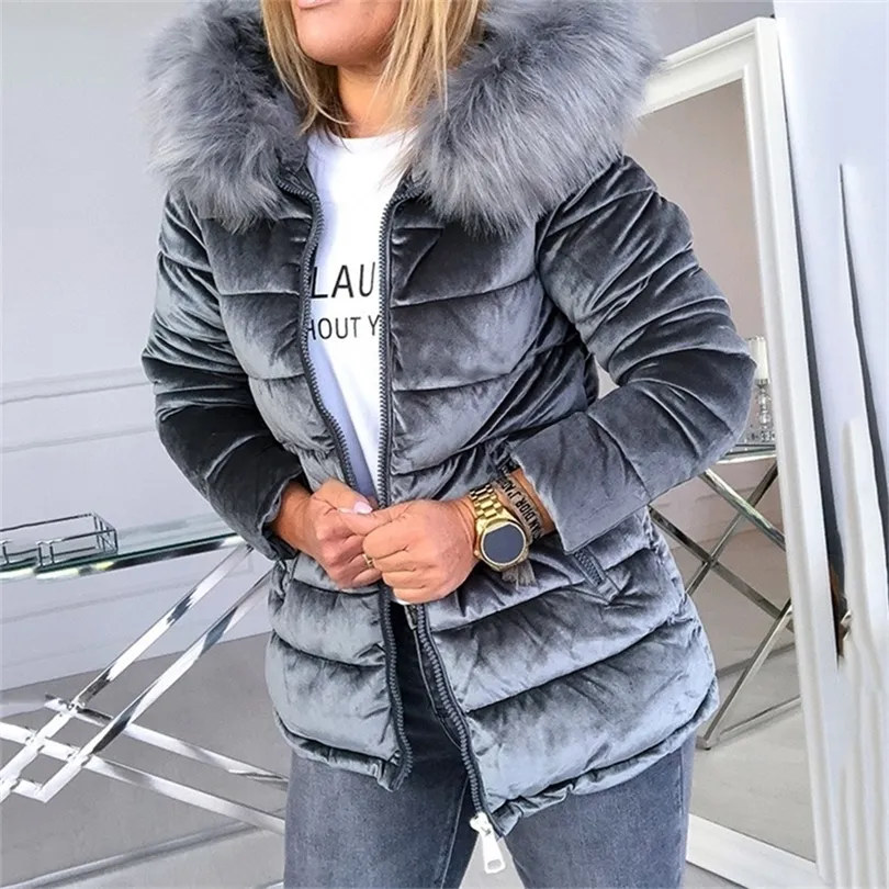 Winter Velvet Jacket Coat Women Cotton Padded Jackets Gray Pink Plus Size 4XL Hood Fur Collar Thick Fashion Basic Snow Outerwear T200831