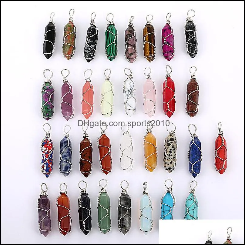 natural stone crystal charms wire wrap multicolor rose quartz amethyst bullet point hexagonal pendulum reiki chakra jewelry sports2010