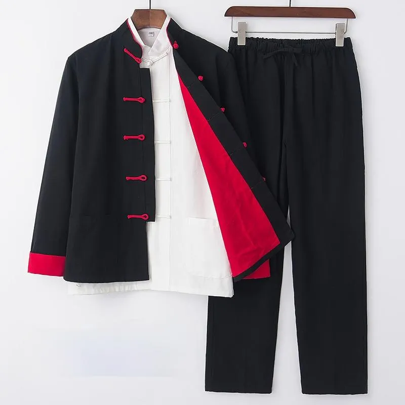エスニック服3PCSセットは男性用の伝統的な中国人綿レトロカジュアルタイチーユニフォームマーシャルアーツタンスーツカンフ服