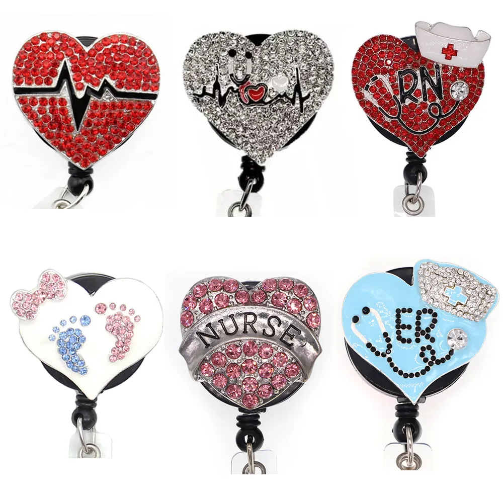 Heart Shape Key Rings Crystal Rhinestone Nurse ID Badge Holder Woman Yoyo Card Retractable Reels For Accessories