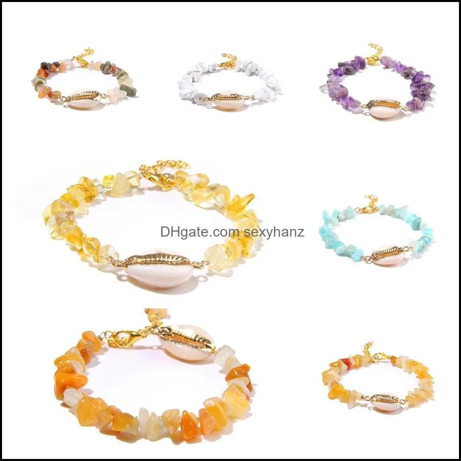 shell charm natural stone chips bracelets for woman bohemian conch bangles quartzs crystal reiki metal chain ethinc jewelry gift mixed