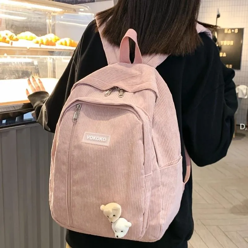 Bande mignon velours côtelé femme sacs de rangement sac à dos cartable pour adolescentes garçons luxe Harajuku femme mode étudiant dame CCE13659