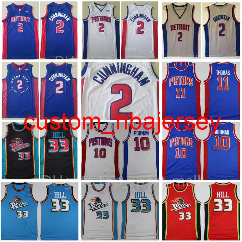 2 Cade Cunningham Jersey Basketbol 33 Grant Hill 11 Isiah Thomas 40 Bill Laimbeer 10 Dennis Rodman Mavi Beyaz Gri Vintage S-XXL