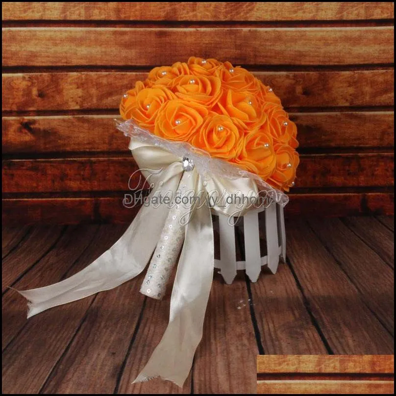 Wholesale-Bridal Bouquet Artificial Foam Rose Flowers Wedding Bouquet with Pearls Rhinestone Lace Satin Ribbons Bow Party Favor