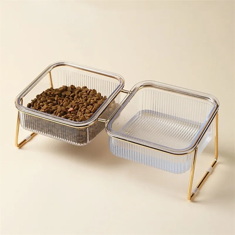 Fashion Double Cat Bowl Transparent Dog with Stand Pet Feeding Water for Cats Food Feeder s Product Stuff 220323