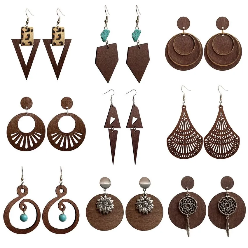 2022 nouvelle oreille manchette concepteur géométrique bois boucles d'oreilles pour les femmes à la mode en bois naturel déclaration boucles d'oreilles à la main afrique bijoux en gros