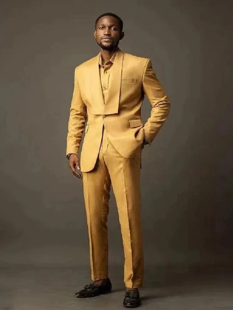 Mens Suits Blazers Men Suit Causal Blazer Pants Dark Yellow One