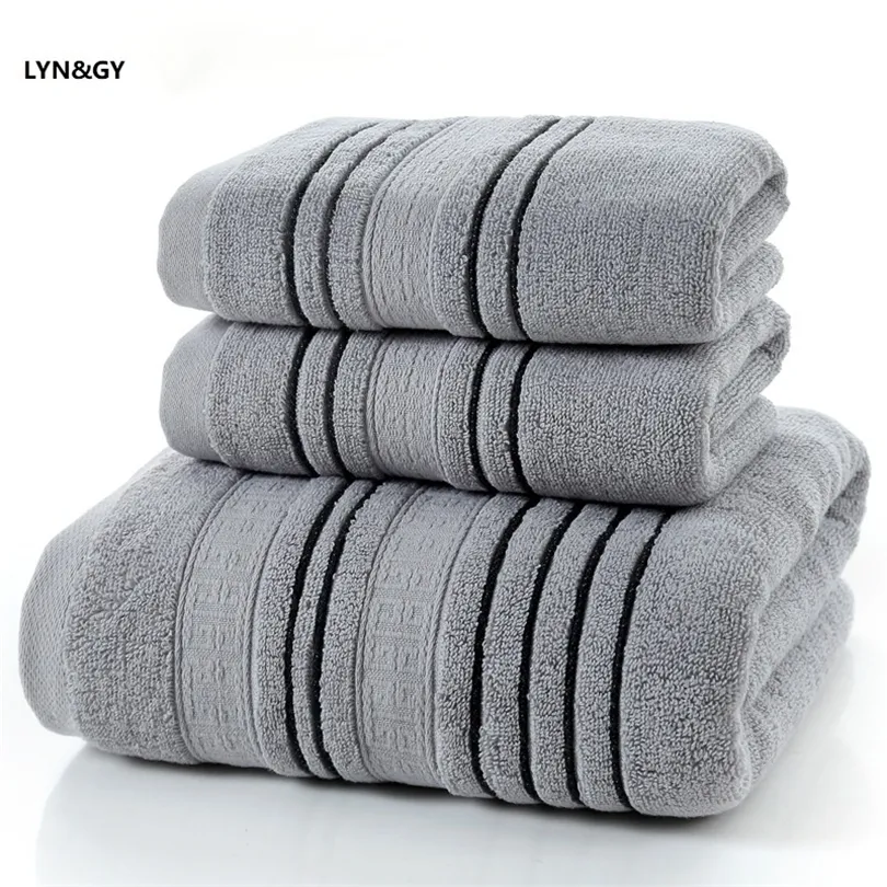 New 3Pieces Set Grey Cotton Towel Set for Men toalla 2pc Face Washcloth Hand Towel 1pc Bath Towel Camping Shower Towels Bathroom T200529