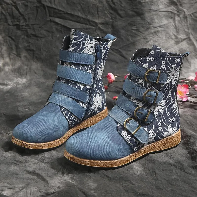 Bottes Socofy Femmes R tro Imprim Boucle En M tal En Cuir Souple
