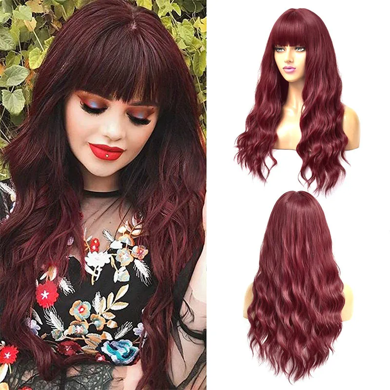 26 "New Women's Long Wine Red Wavy Cosplay Party Hair Full Wig Wig