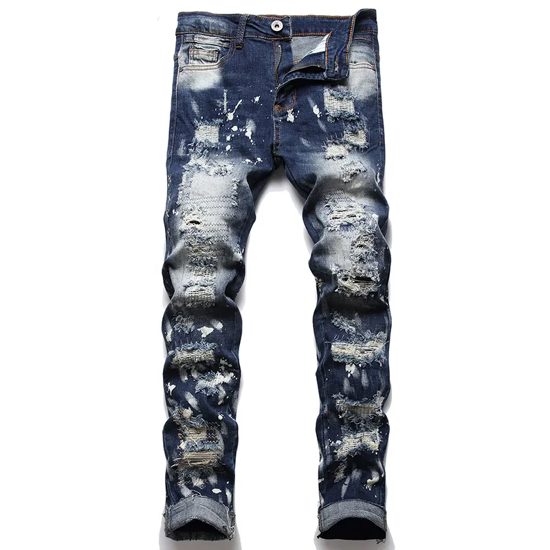 New Tattered Patch Men's Slim Denim Jeans Blue Embroidered Tight Stretch Male Pants pantalones hombre