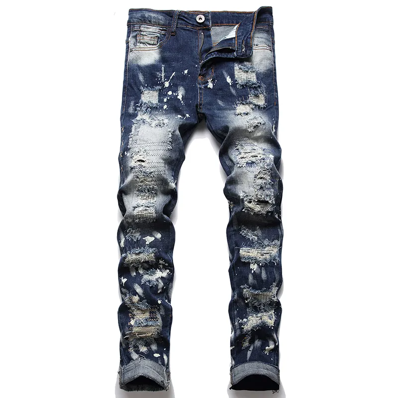 Ny tattered patch Mäns Slim Denim Jeans Blå Broderade Tight Stretch Male Pants Pantalones Hombre