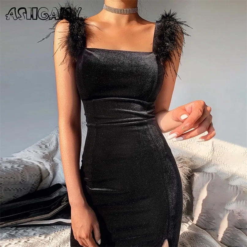 Ashgailyセクシーなベルベットドレスノースリーブドレスソリッドフェザーボディコン服パーティークラブ衣装Femme 220509