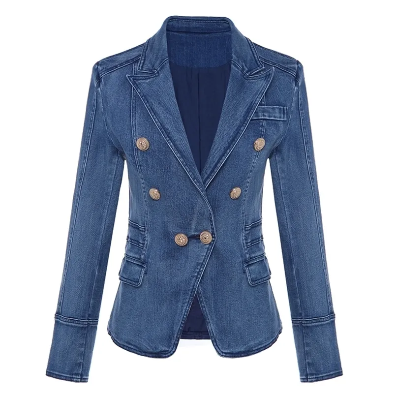 Hoogwaardige modeontwerper dames metalen leeuwknoppen dubbele borsten denim blazer jas buitenjas 220402