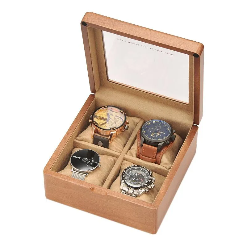 Caixas de relógio casos tamanho pequeno quadrado em forma de 4 grades organizador de madeira para presente masculino