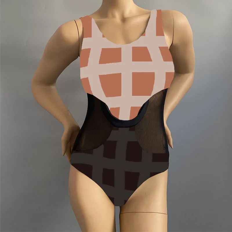 패치 워크 메쉬 수영복 여성 고급 격자 무늬 바디 수트 원피스 수영복 여름 수영장 파티 레이디 비치웨어