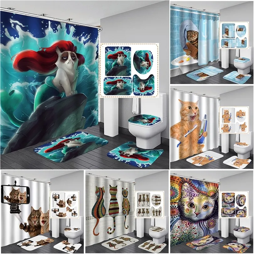 Funny Cartoon Cat Digital Print Shower Curtain Waterproof Bathroom Set with Hooks for Home Decoration Cortinas De Bao 220429