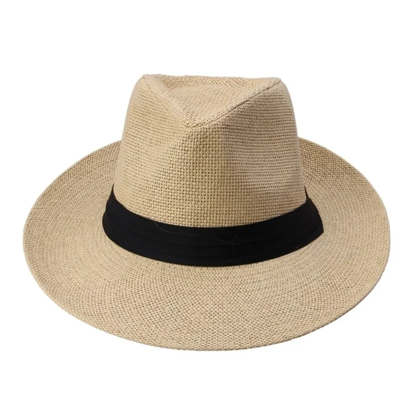 Mode été décontracté unisexe plage Trilby grand bord Jazz soleil Panama chapeau papier paille femmes hommes casquette avec ruban noir 220627