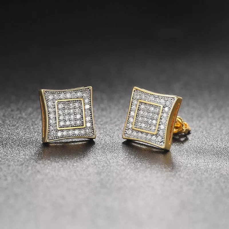 Stud Hiphop Rock Earrings For Men Iced Out + Cubic Zirconia Square Gold Earring Luxury Punk Accessories Hippie Jewelry OHE044