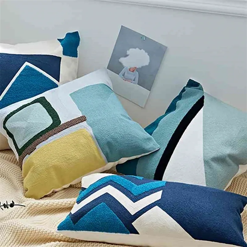 Housse de coussin brodée bleu abstrait géométrique carré géométrique toile coton carré 45x45 cm taie d'oreiller couverture décoration de la maison 222J