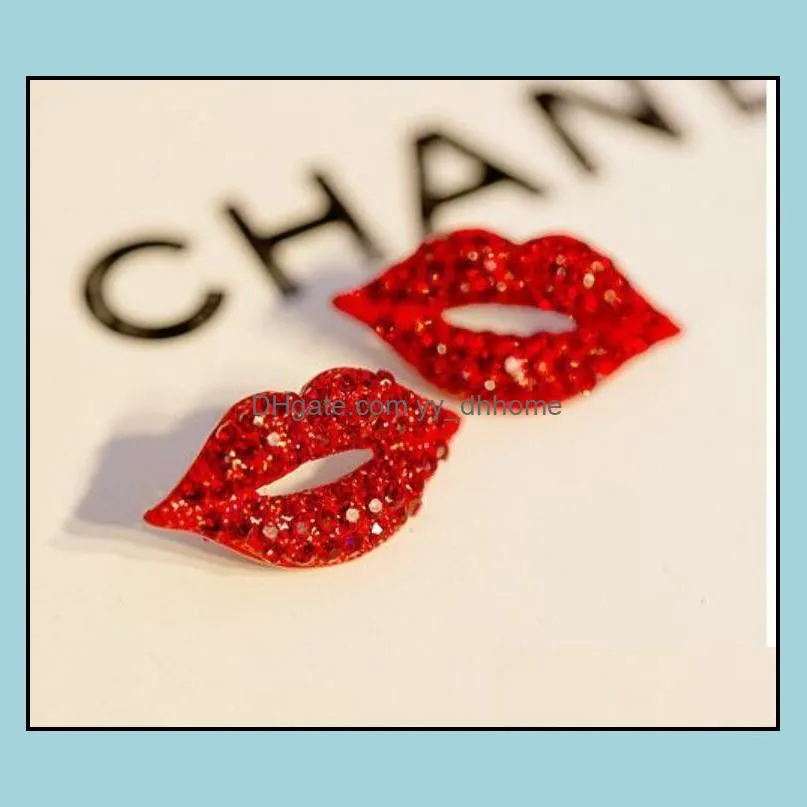 Sexy Red Lip Diamond Stud Earrings Vintage Fill Rhinestone Big Stud Earring Women Girl Evening Party Jewelry Valentine Gift